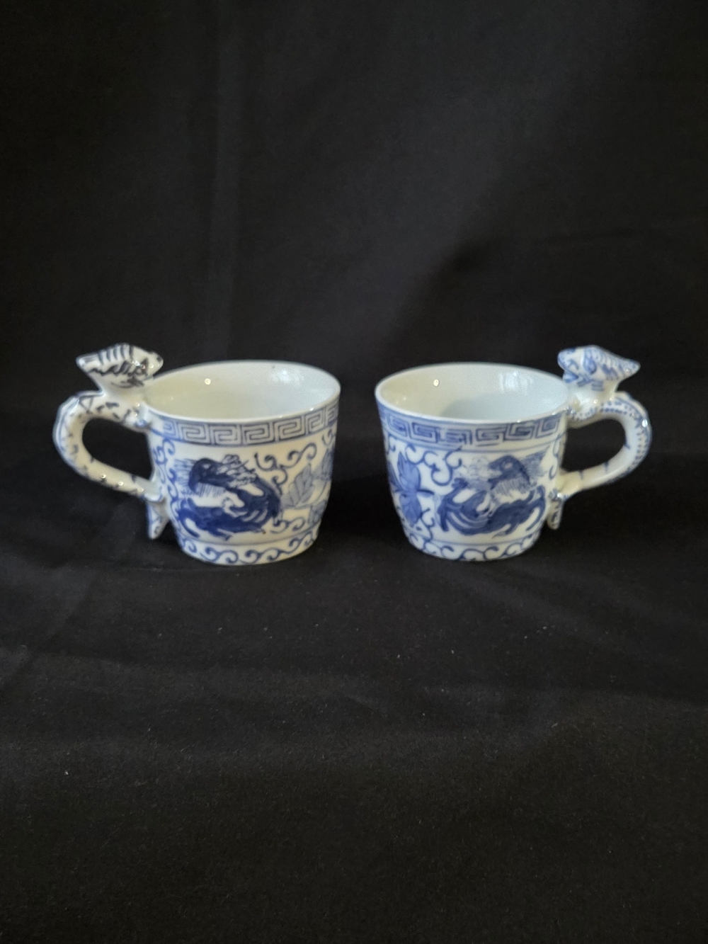 Antique Chinese Blue and White Dragon Motif Porcelain Tea Cups - Set of 2